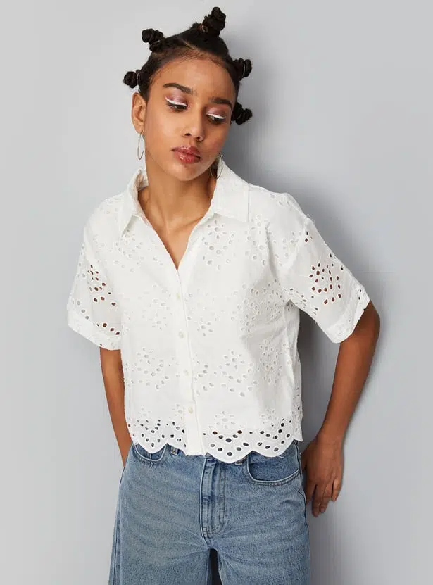 Schiffli Boxy Crop Shirt For Women