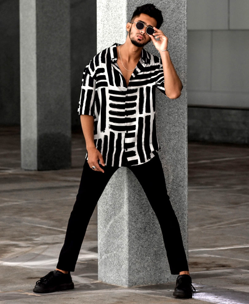 Black and White Multiple Stripes Oversize Drop Shoulder Shirt For Men ...