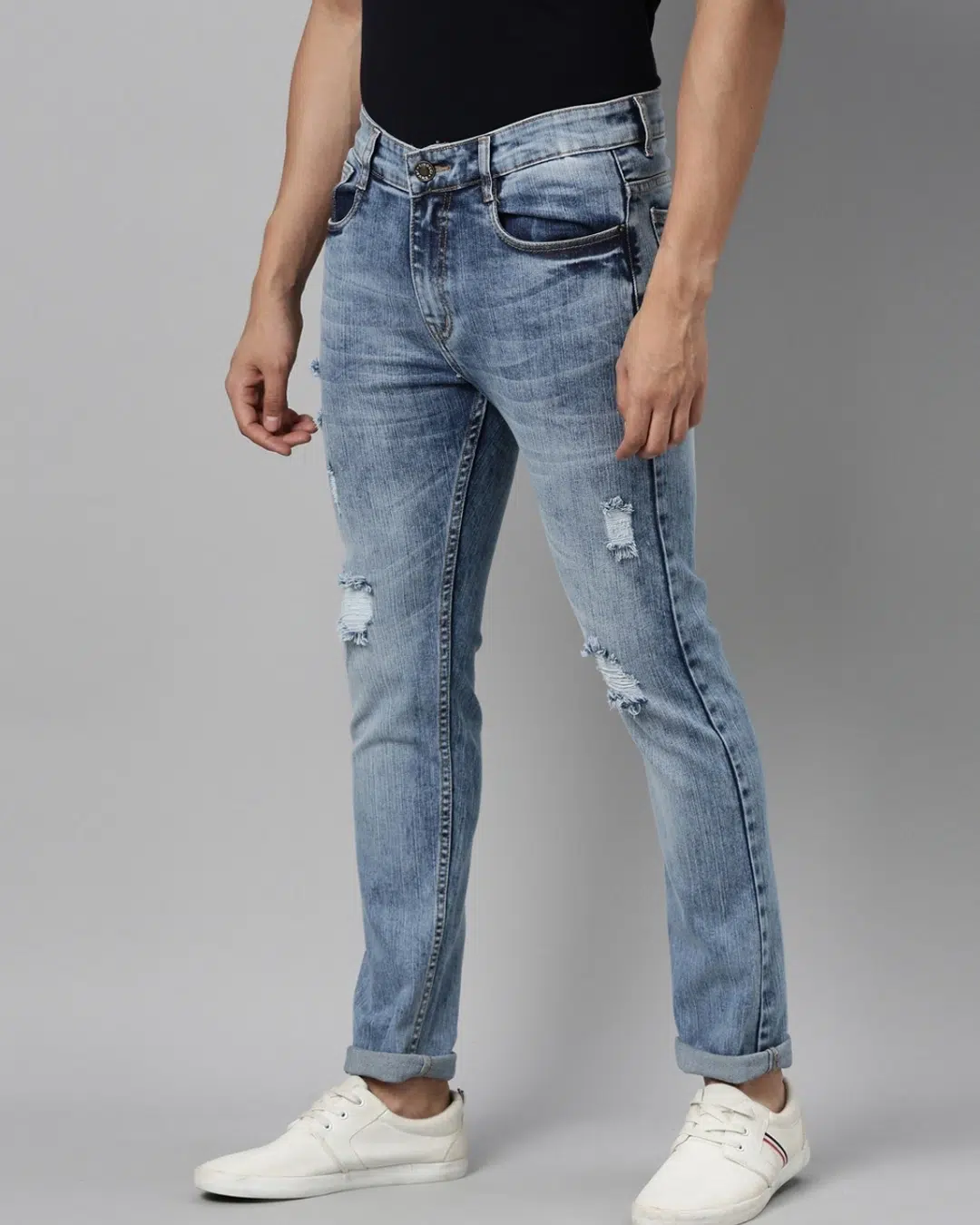 Blue Cotton Slim Fit Highly Distressed Jeans For Men – Yoya