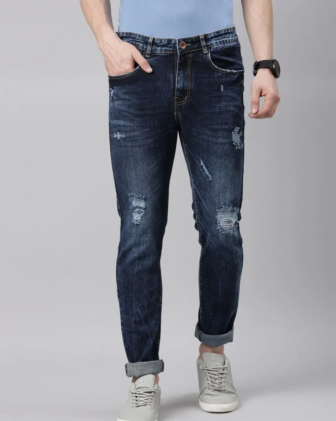 Blue Distressed Slim Fit Cotton Absorbent Jeans For Men – Yoya